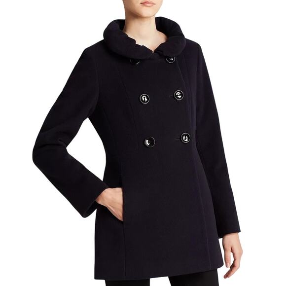 Cinzia Rocca Black Due Double Breasted Ruffle Collar Wool Cashmere Blend Coat - Picture 1 of 15